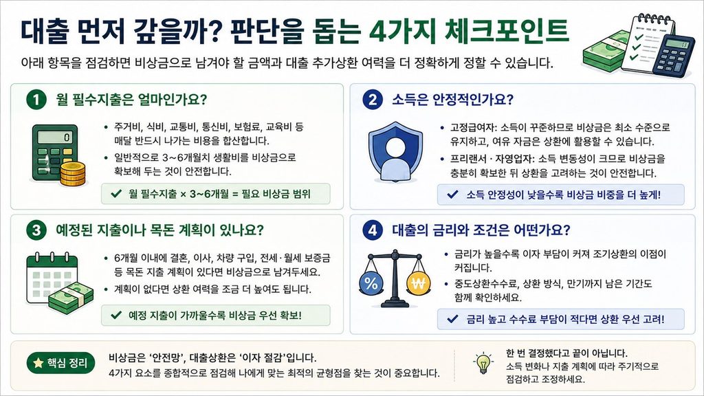 대출 먼저 갚을까 판단할 때 필수지출 소득 안정성 예정지출 대출금리와 조건을 확인하는 인포그래픽