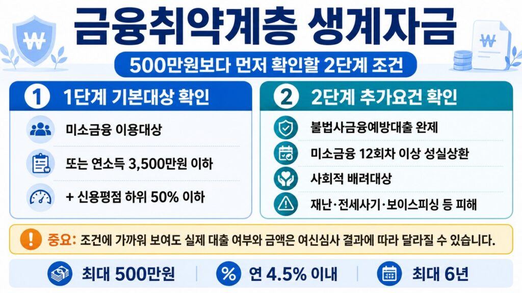 금융취약계층 생계자금 기본대상과 추가요건 2단계 조건 인포그래픽