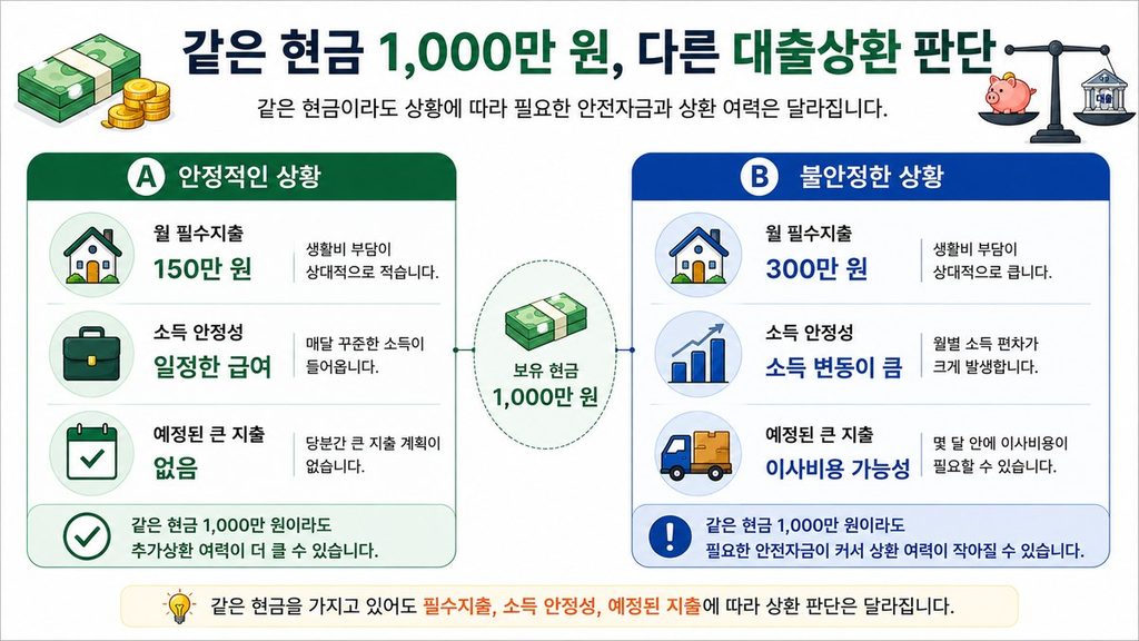 대출 먼저 갚을까 고민할 때 월 필수지출과 소득 안정성에 따른 비상금과 대출상환 비교