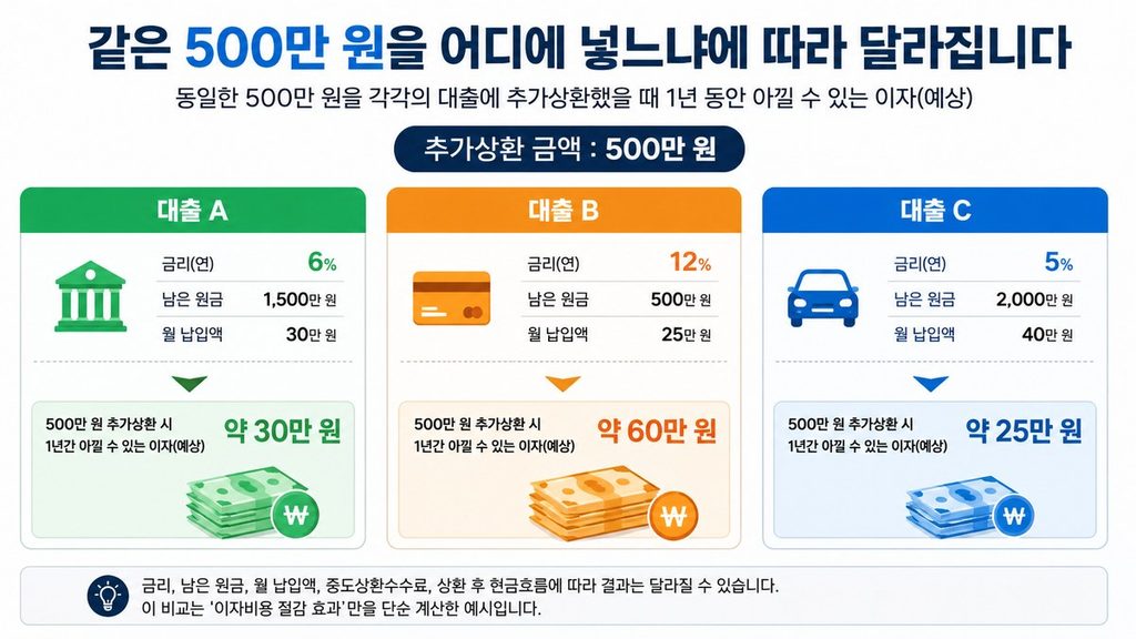 대출 상환순서를 정할 때 500만 원을 금리가 다른 대출 A B C에 추가상환한 결과 비교 인포그래픽