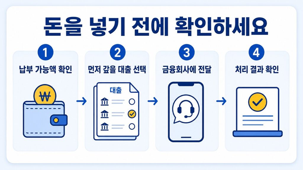 대출 여러 개 상환 전 납부 가능액 확인, 대출 선택, 금융회사 전달, 처리 결과 확인 과정