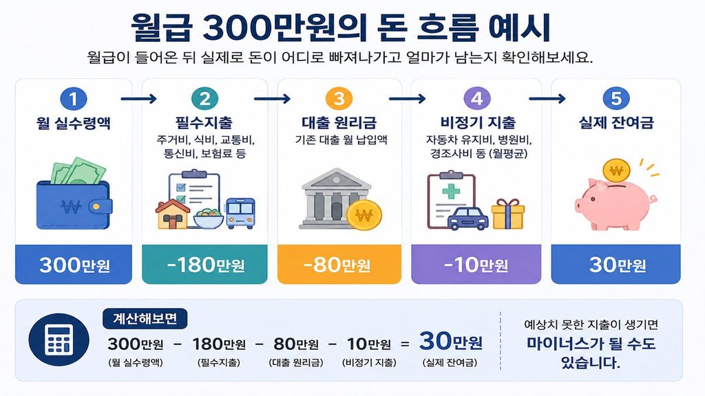 대출 월 상환액을 포함해 월 실수령액 300만원에서 필수지출 180만원 대출 원리금 80만원 비정기 지출 10만원을 제외하고 30만원이 남는 과정