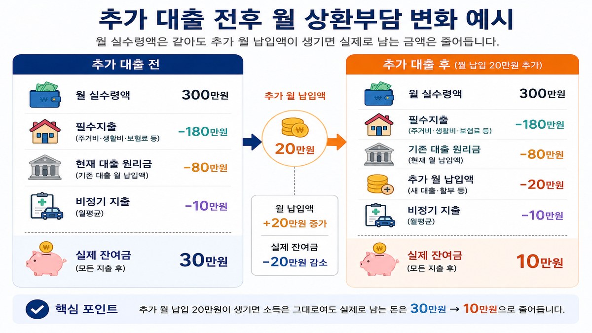 대출 월 상환액이 20만원 추가될 때 월 실수령액 300만원 기준 실제 잔여금이 30만원에서 10만원으로 줄어드는 비교 인포그래픽