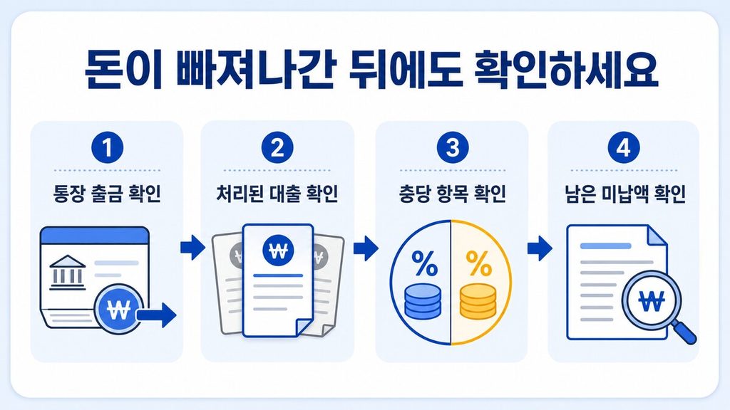 대출 일부 납부 후 통장 출금, 처리된 대출, 충당 항목과 남은 미납액을 확인하는 과정