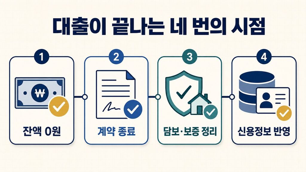 대출 상환 후 확인사항인 잔액 0원, 계약 종료, 담보와 보증 정리, 신용정보 반영의 네 단계를 보여주는 이미지