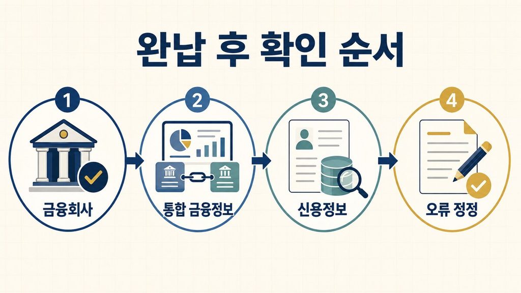 대출 완납 후 금융회사 확인, 통합 금융정보 조회, 신용정보 확인, 오류 정정으로 이어지는 순서