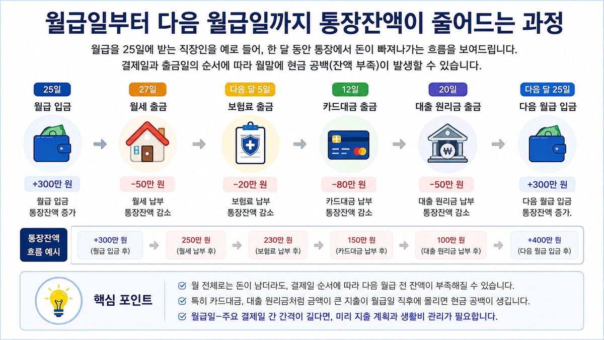 월급일 이후 월세 보험료 카드대금 대출 원리금 출금에 따라 통장잔액이 변하는 현금흐름