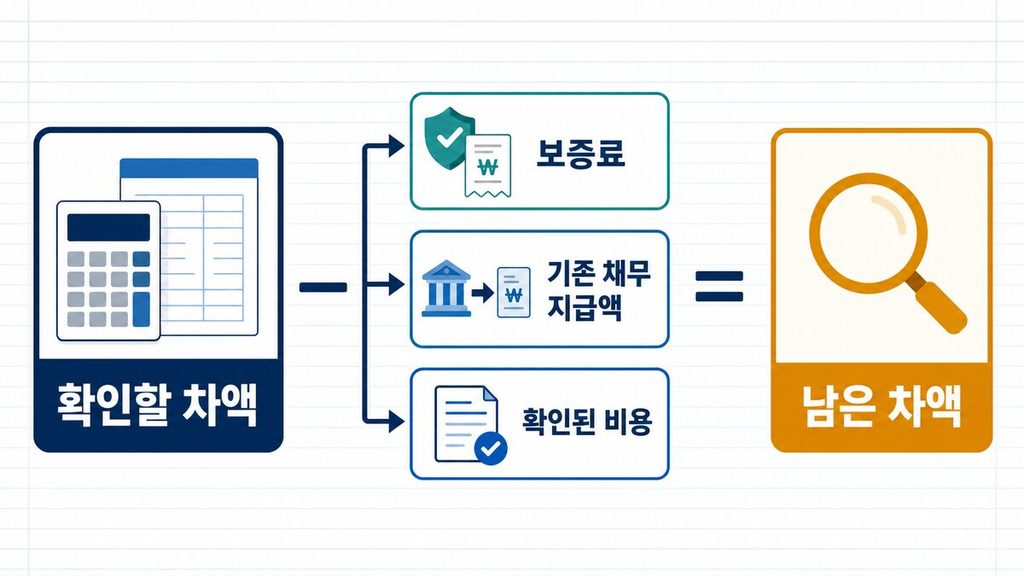 정책대출 차액에서 보증료와 기존 채무 지급액 및 확인된 비용을 빼고 남은 차액을 찾는 인포그래픽