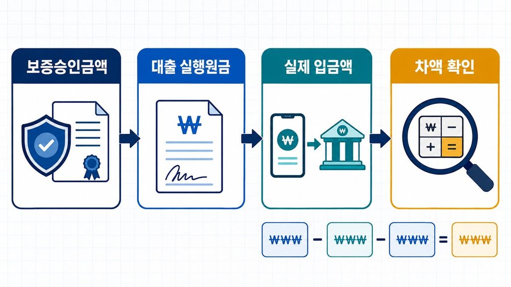 보증승인금액에서 대출 실행원금과 실제 입금액을 거쳐 차액을 확인하는 정책서민금융 인포그래픽