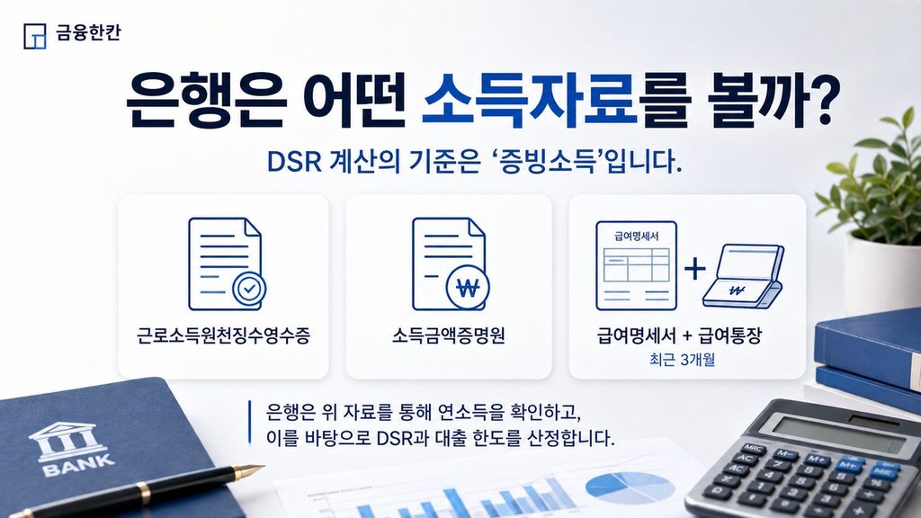 은행 대출 심사에서 근로소득원천징수영수증 소득금액증명원 급여명세서 등 소득자료와 DSR을 확인하는 구조